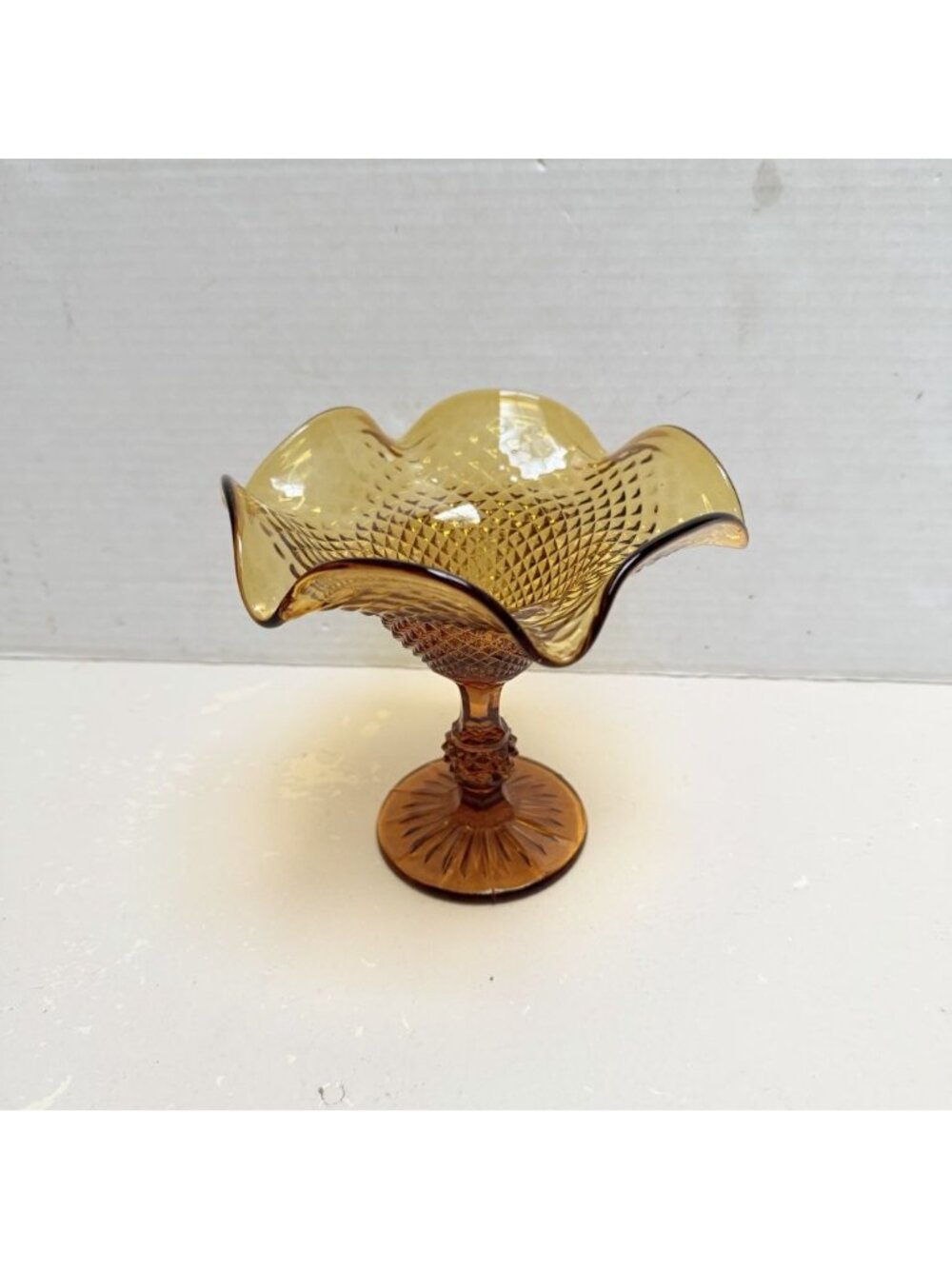 Indiana Glass Fluted Compote Diamond Point Candy Dish Amber Pedestal Ball Stem